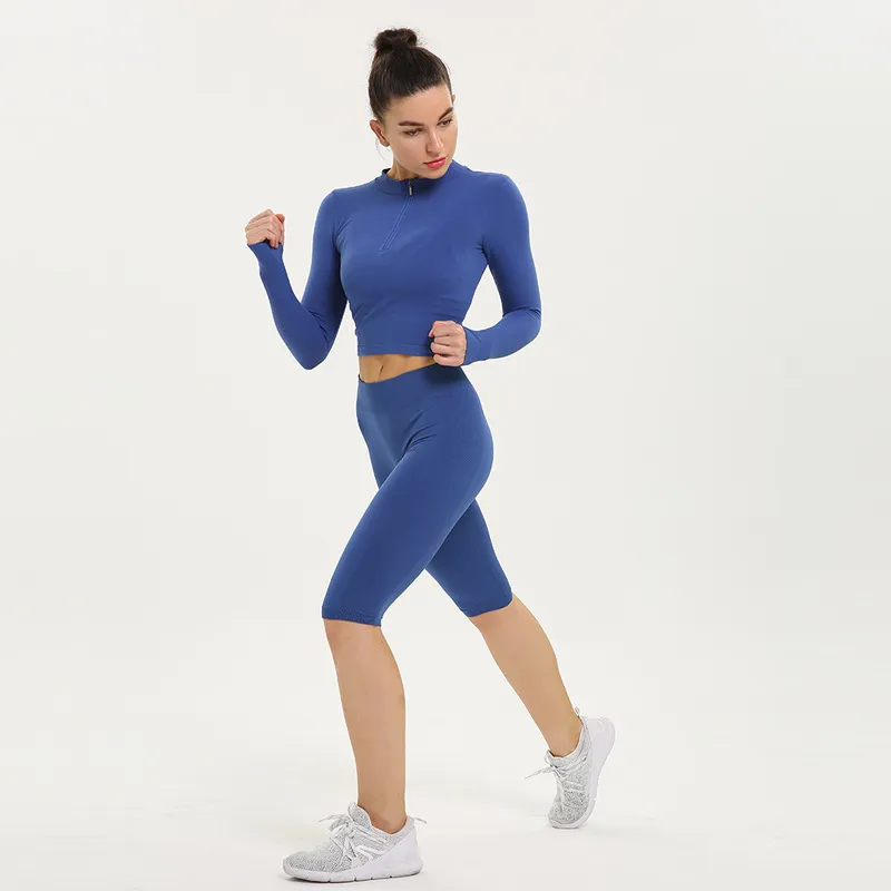 Kadın Yoga Set Spor Giyim Fermuar Ile Uzun Kollu Gömlek Şort 2 adet Set Spor Kıyafetler Aktif Diz Boyu Egzersiz Eşofman Giyim