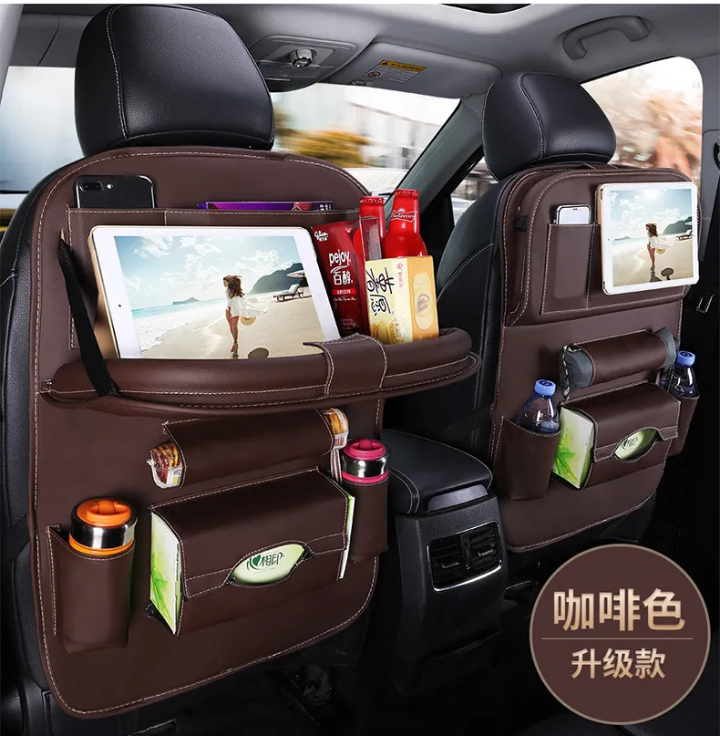 Pu Leather belt Table Tray Car Seat Back Pad Bag Organizer Foldable Travel Bag Foldable Dining Table Car Seat Storage Bag cover