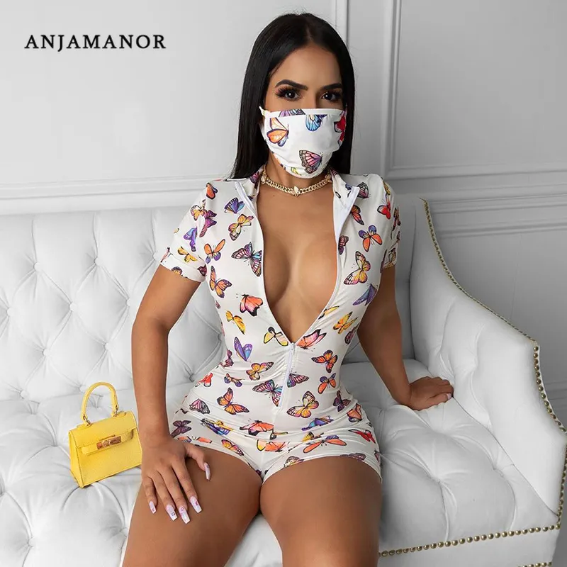 Anjamanor Butterfly Print Front Zipper Short Sleeve Bodycon Rompers Womens Jumpsuit Summer 2020 Sportig One Piece Outfit D70-BE17 T200704