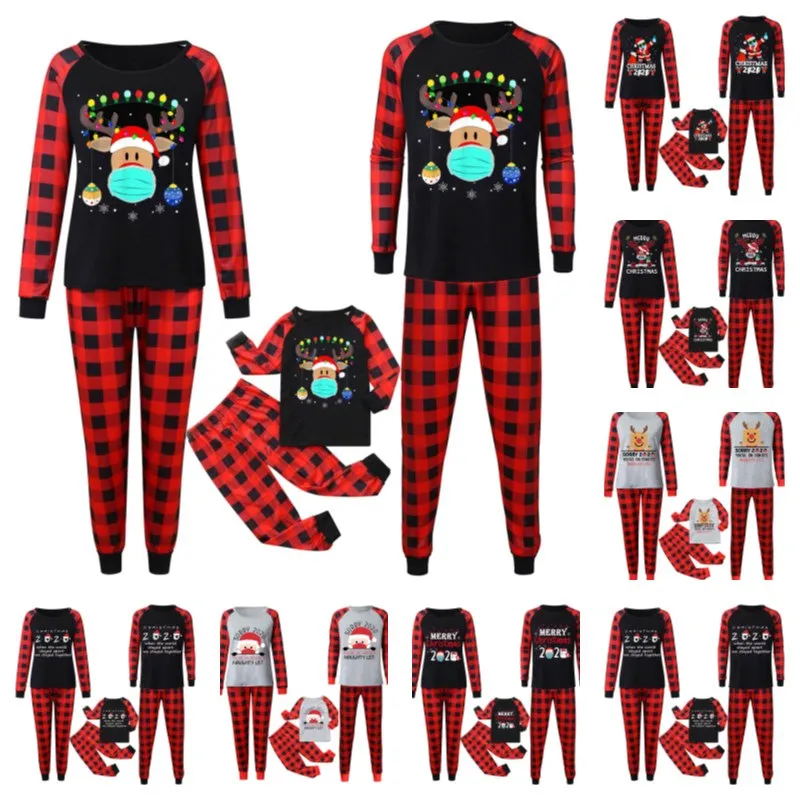 Jul xmas plaid pyjamas två stycken familj match outfits 2020 2021 mask reindeer santa clause pjm set barn föräldrar hem kläder e110301