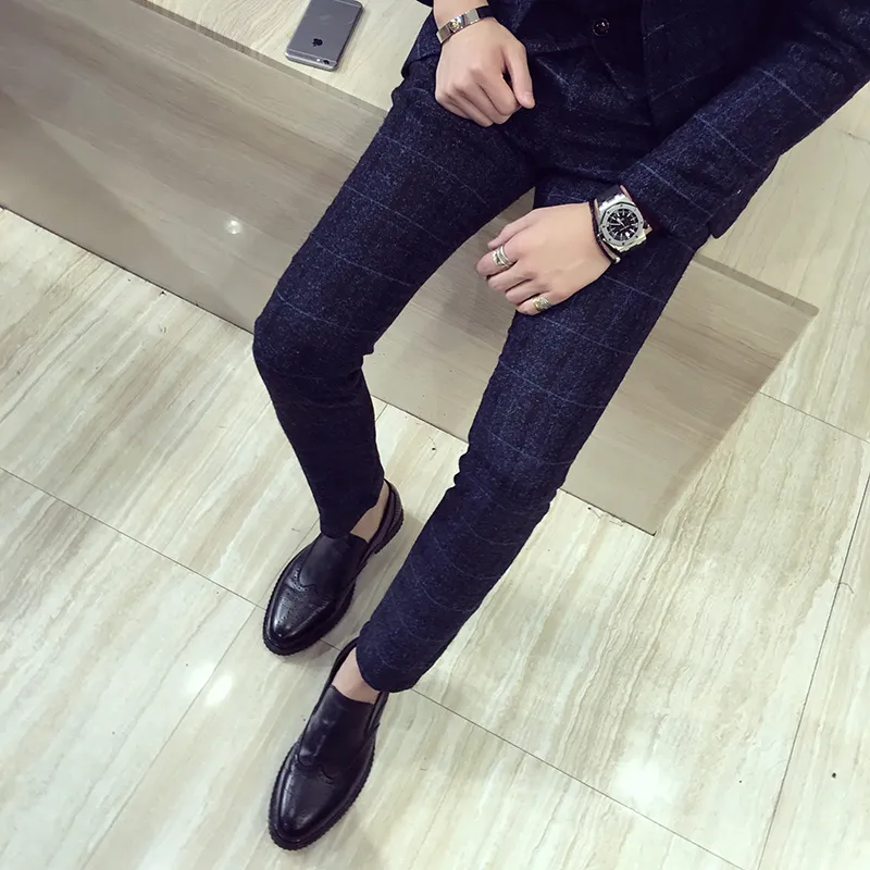 Autumn Winter Mens Plaid Pants British Slim Fit Dress Pants Men