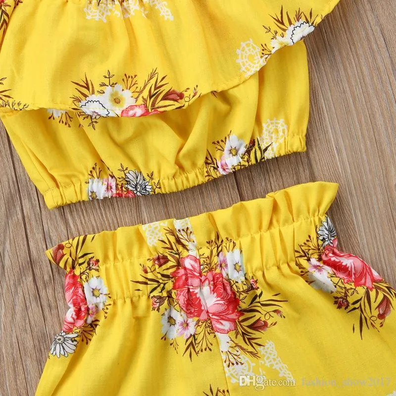 Toddler Baby Girl Clothes Yellow Floral Ruffled Strap Tops Vest Shorts Bottoms Summer Outfits Beach Clothing Set