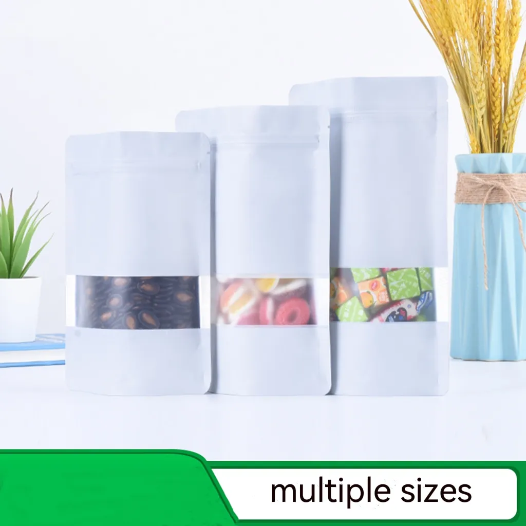 Différentes tailles Blanc Stand Up Fermeture à glissière Sacs d'emballage alimentaire avec fenêtre transparente sur la fleur et le sac de rangement à la maison à fruits