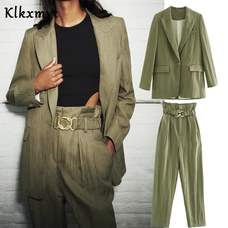 Klkxmyt deux pièces ensembles femmes angleterre bureau solide simple simple bouton blazers femmes vestes hauts ceintures pantalons pantalons femmes 201030