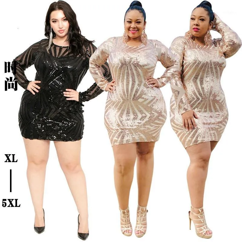 Glitter Elbise Artı Boyutu 4XL 5XL Kadınlar Pullu Sırf Elbise Mesh Kollu Sıkı Sukienka Cekiiny Robe Champagne Vestido Lentejuelas1