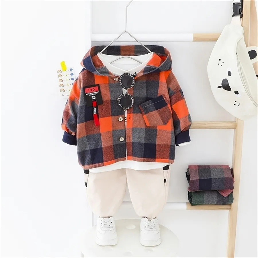 Roupa do menino da criança ajustado grande camisa com capuz xadrez + calças elásticas Bebê meninos roupas primavera outono crianças outwear tamanho normal 201031