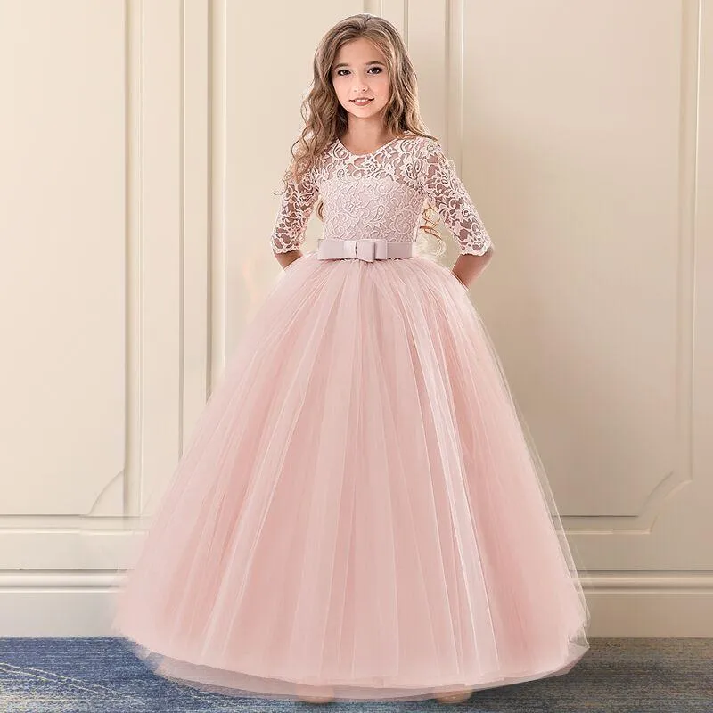 Flower Girl Lace Wedding Long Dress Children Princess Prom Gowns Girls Party Wear Teenager Kids Birthday Clothes 8 9 12 14 Years