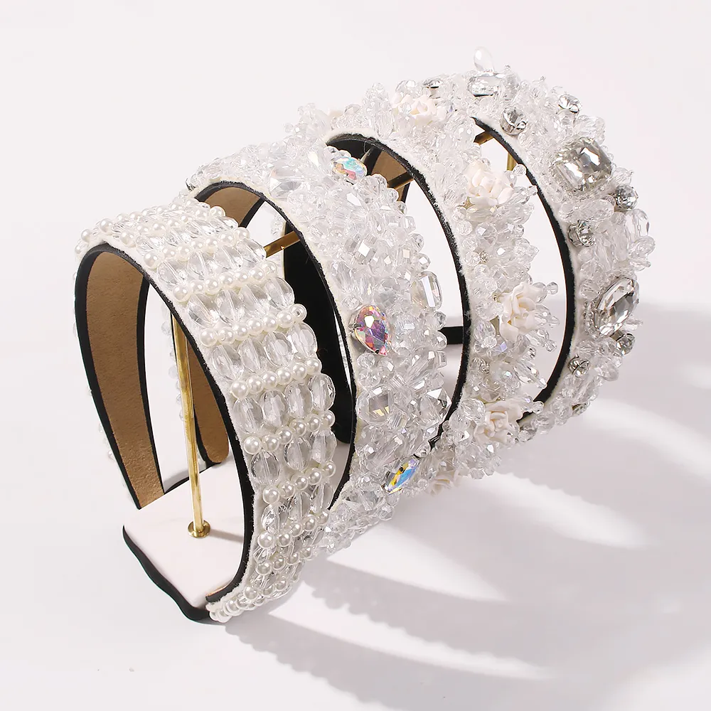 Weißes Kristall-Stirnband für Damen, Strass-Haarband, Imitationsperle, breites Haarband, Brautparty, Hochzeit, weibliches Haar-Accessoire J0113