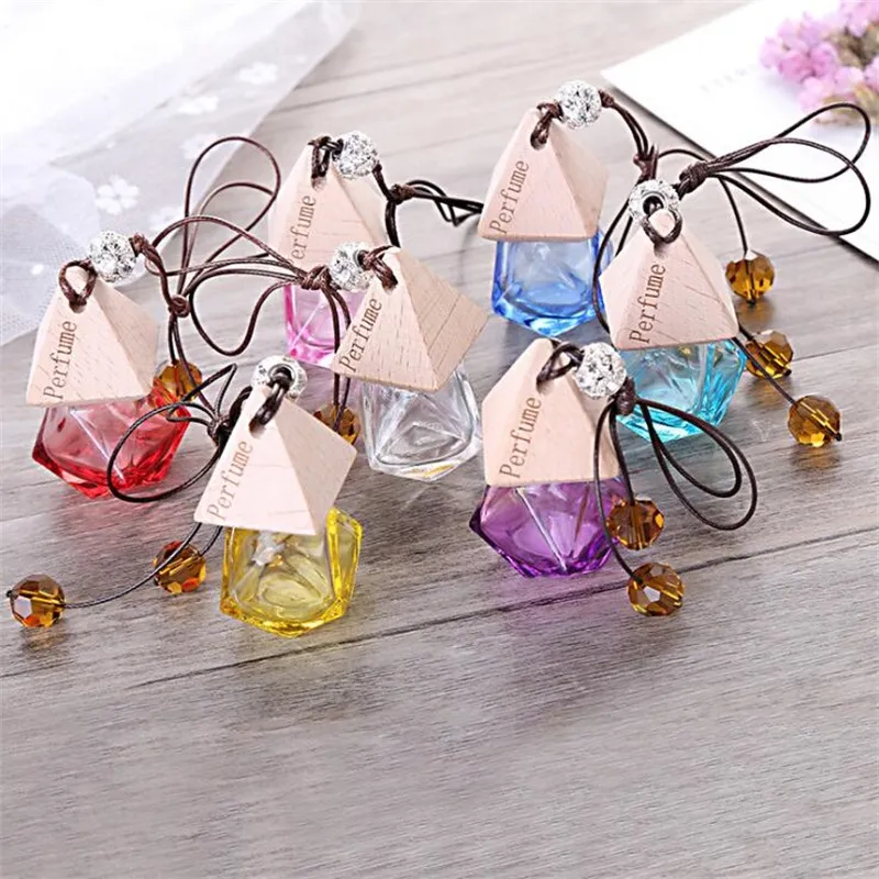 Glass Car Perfume Bottle With Wood Cap Beautiful Empty Refillable Bottle Cute Hanging Air Freshener Carrier Home Car Decorate