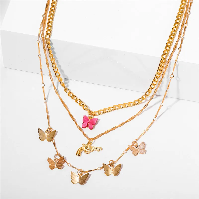 2021 Trendy Multilayered Butterfly Pendan Necklace For Women Gold Chain Necklace Choker Necklaces Gifts Jewelry