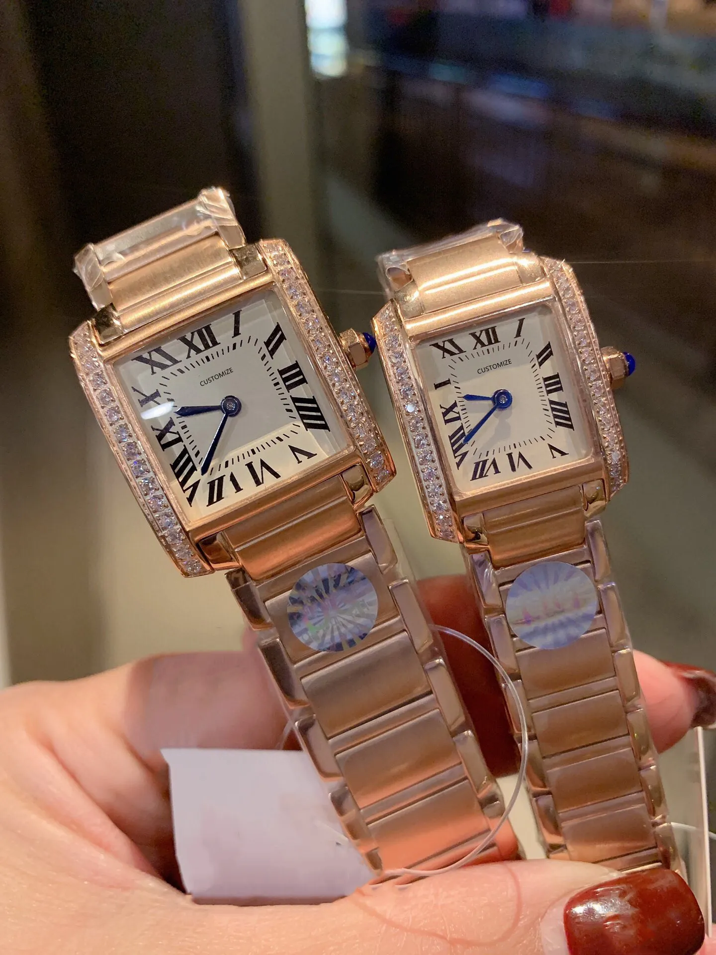 Classic New Brand Square Quartz Watch Blå Stift Rostfritt Stål Klocka Diamant Rektangel Armbandsur 25 20mm