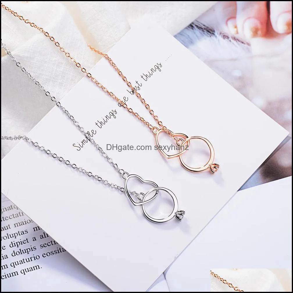925 Sterling Silver Charming Double Circle Heart Zircon Necklace For Women Girl Valentines Day Present S-N261