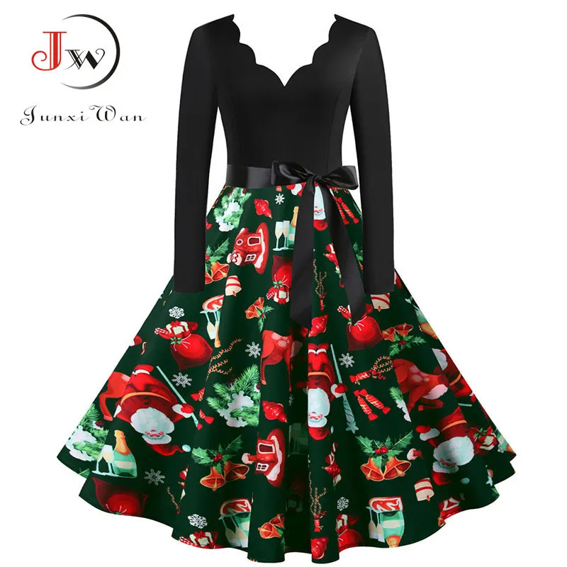 Plus Size Boże Narodzenie Sukienka Kobiety Z Długim Rękawem V Neck Elegancki Vintage Winter Party Sundress Black Swing Drukuj Odzież Robe S ~ LJ201202
