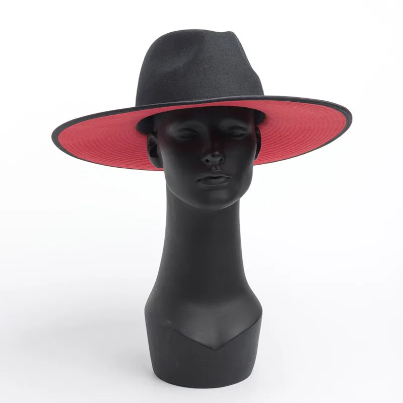 Classique unisexe large bord épissure deux tons laine FEDORA hiver chaud large bord femmes chapeaux rouge noir dames église Derby robe chapeau LJ246q