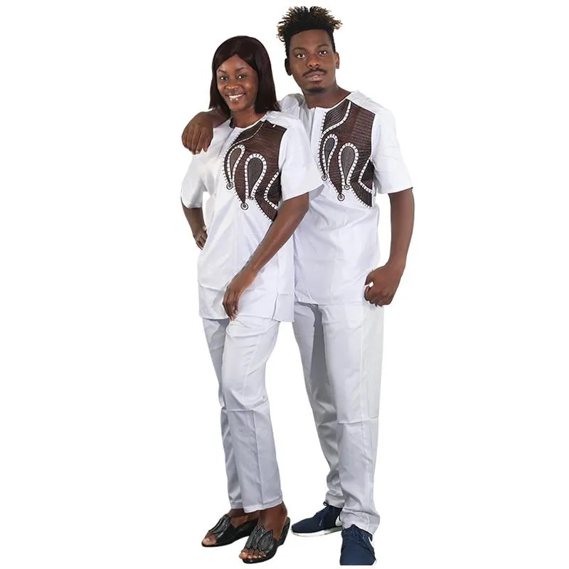 Vêtements ethniques MD Couple africain correspondant vêtements blancs 2 pièces ensemble pour hommes et femmes broderie Dashiki chemise pantalon costume court 292u