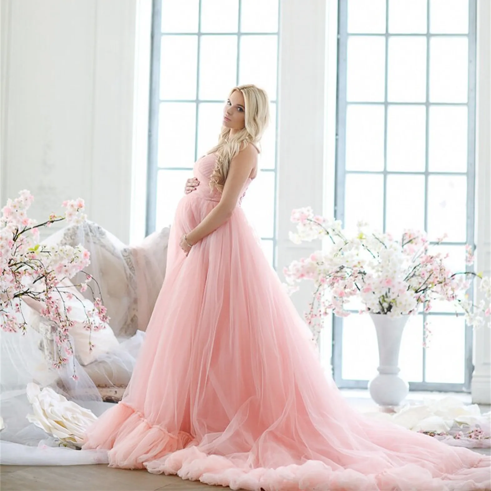 pink maternity dresses formal PinkBlush Petite Pink Solid Off Shoulder Maternity Maxi Dress XL