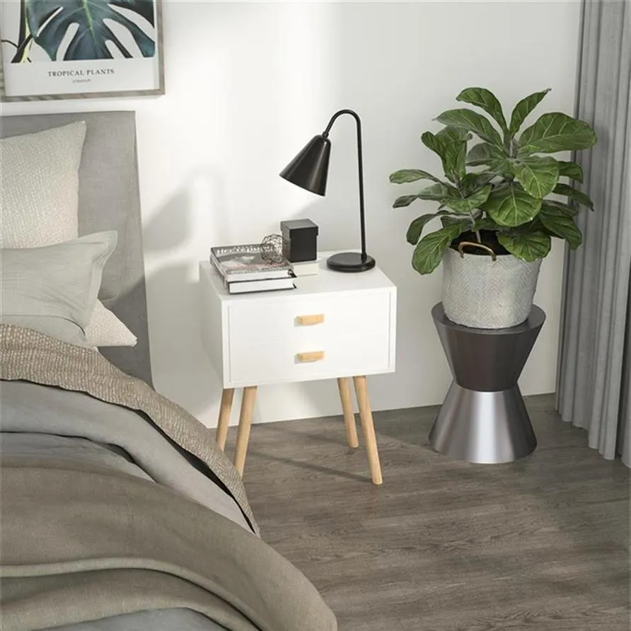 US-amerikanischer Nachttisch, Nachttisch mit Schubladen, geeignet für Schlafzimmermöbel Wohnzimmer, Beistelltisch MDF + Massivholzfüße Weiß A09 A27