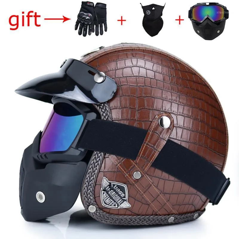Pu läder retro öppen ansikte motorcykelhjälm halv hjälm3 4 hjälm capacete för att skicka 2 bitar av presentprickkvalitet1234i