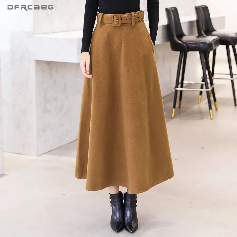 Winter Women's Wool Maxi Skirts With Belt Fashion Vintage Woolen Skirt Female Streetwear Casual Saia Longa Wine Red T200324
