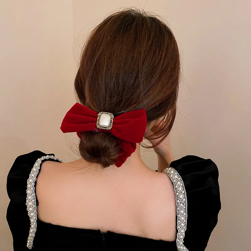 New Temperament Rhinestones Imitation Pearl Red Bow Hairpin Fashion Sweet Girl Women's Ponytail Hair Accessories