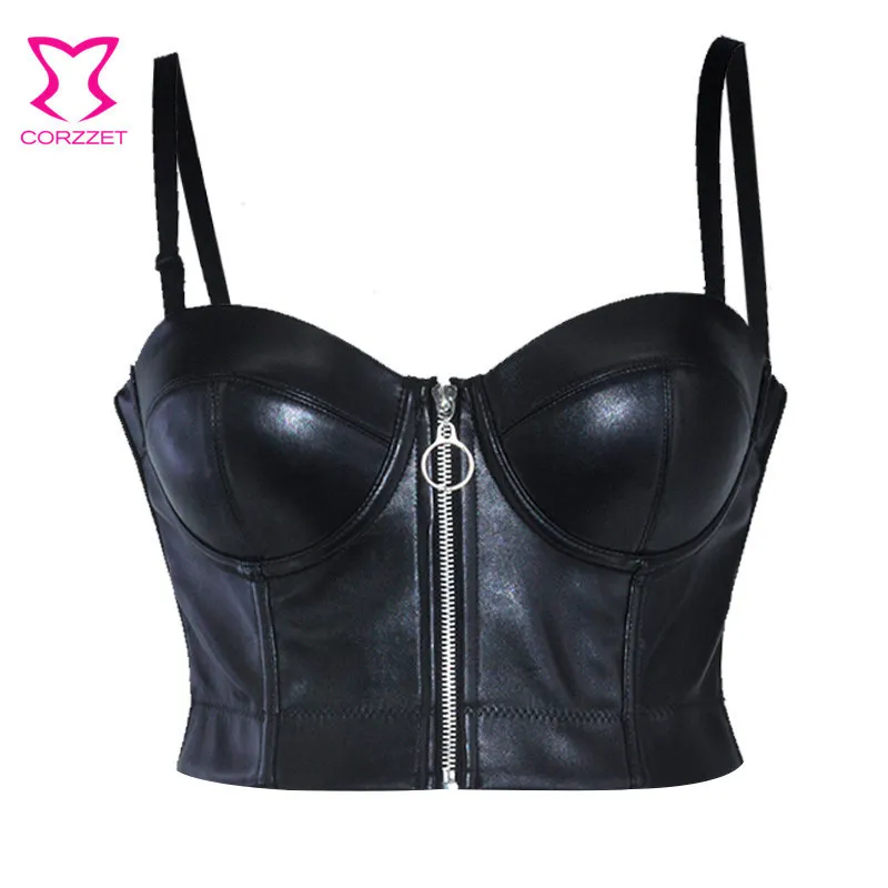 Siyah Faux Deri Ön Fermuar Sütyen Sutyen Seksi Iç Çamaşırı Bras Kadınlar Için Push Up Bralette Üst Gotik Lingerie Artı Boyutu 6XL 201202