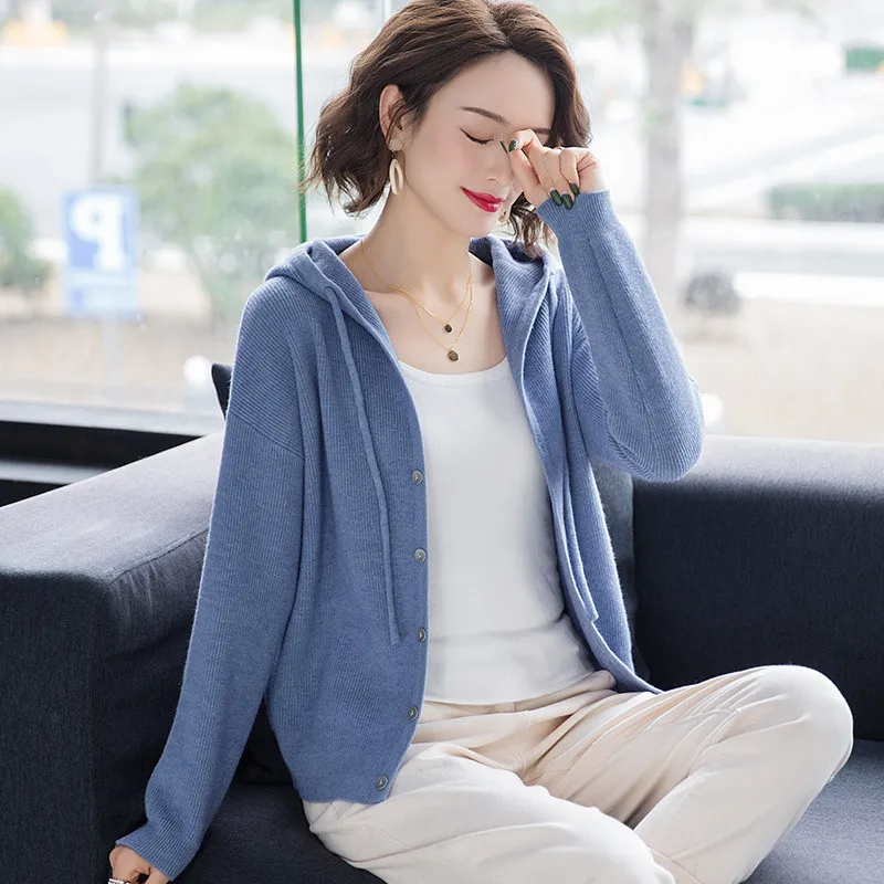 Korean Style Button Down Hooded Knitted Hooded Cardigan Women For