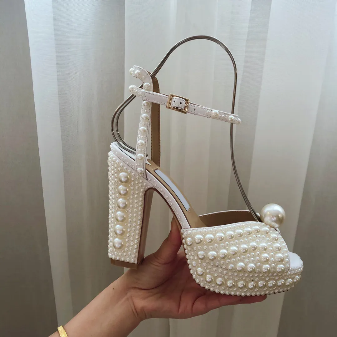 Women Dress Shoes White Platform Sandals All-Over Pearl Leather Pumps Lady Stiletto Heel Wedding Bridal Shoes Q-411