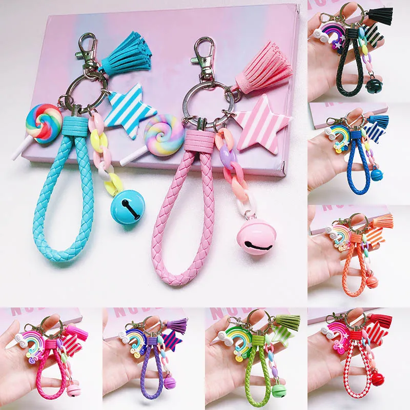 Young girl rainbow key rings school bag Lollipop pendant Keychain Bag hangs fashion jewelry