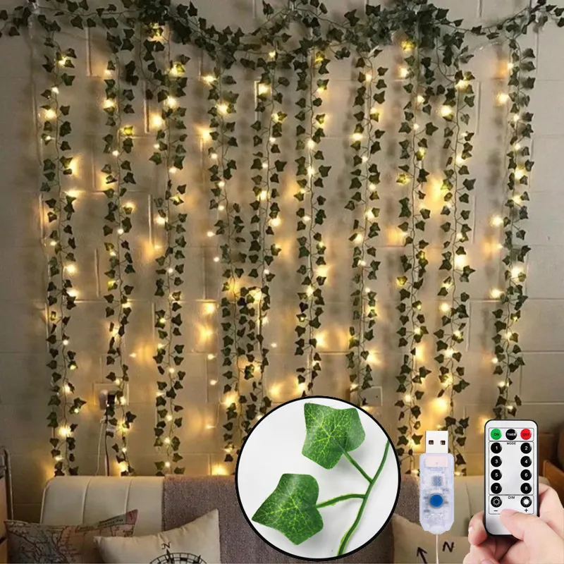 12pcs Artificial Plants Decorative Flowers & Wreaths Liana LED Leaf Garland Silk Rattan Leaf Vine Hanging For Home Living Room Decoration Accessories Creeper