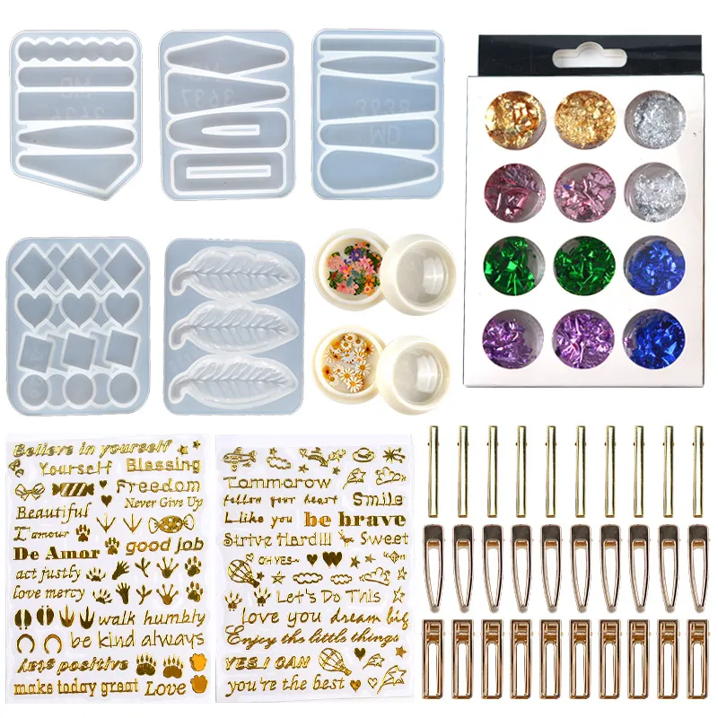 DIY Hair Pin Casting Mold Set Kit Epoxy Hängsmycke Bokmärkesharts Hår Barrette Formar Innehåller 30 stycken Hårklämma 5 Silikonhartsform