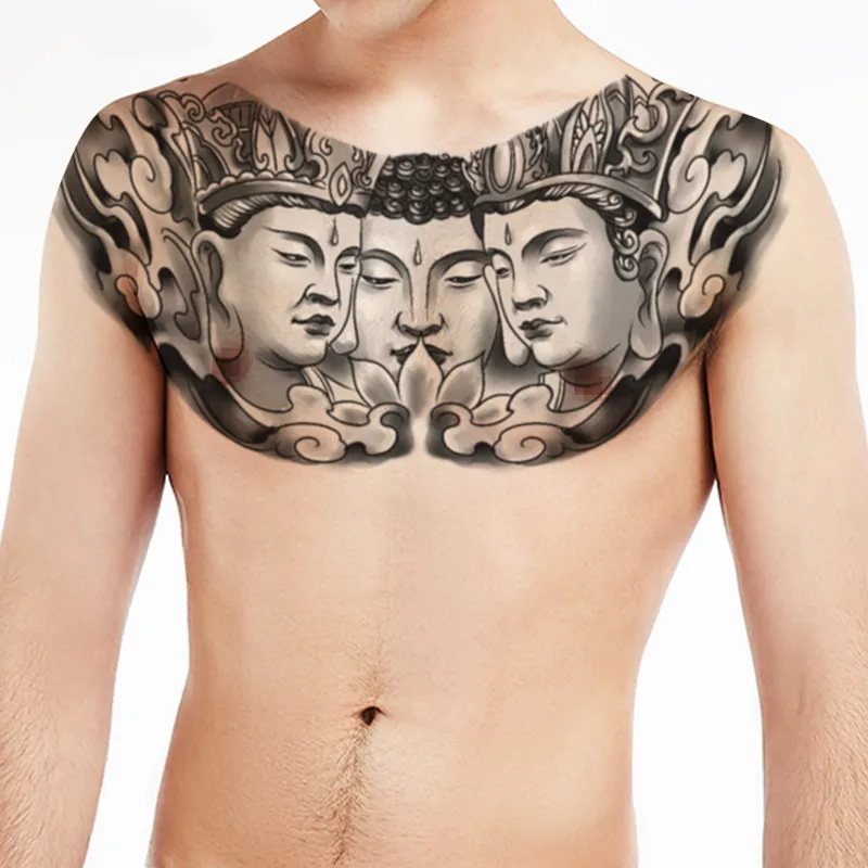 Tre-sida Buddha Chest Tatuering Klistermärke Stor blomma arm Vattentät Tatuering Klistermärke Personlighet Totem för män och kvinnor