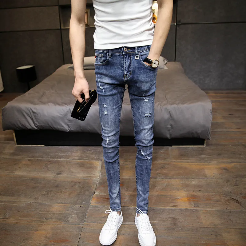 Hot 2021 moda estiramento jeans auto-cultivo com pés pequenos buracos adolescentes coreanos homens casuais lápis calças