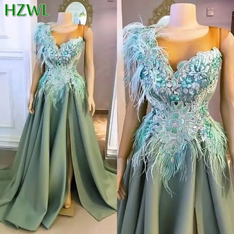 Gorgeous Sheer Neck Feather Lace Appliques Prom Dresses Cap Syle Satin A Line Evening Gowns Saudiarabien Robe Formell Wear