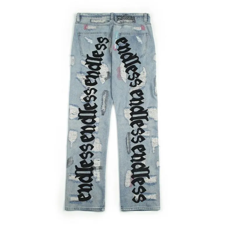 Endlose Männer Frauen Jeans hochwertiger Hip -Hop -Denimhosen Stickereien gebrochen machen alte Loch Streetwear Jeans