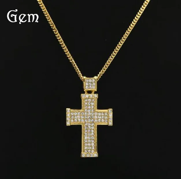 유럽 ​​US 18K Real Gold Electroplating 다이아몬드 3 차원 크로스 펜던트 목걸이 힙합 힙합 쥬얼리