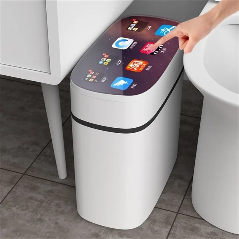 Smart Sensor Automatic Electronic Garbage Can Dwaterproof Bathroom Toilet Water Narrow Seam Trash Basurero 211229