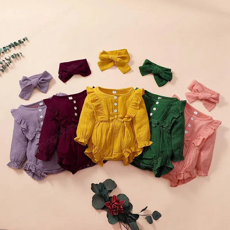 Newborn Kids Baby Girls Long Sleeve Cotton Linen Ruffled Romper+Headbands 2Pcs/Set Infant Jumpsuit Playsuit Clothes