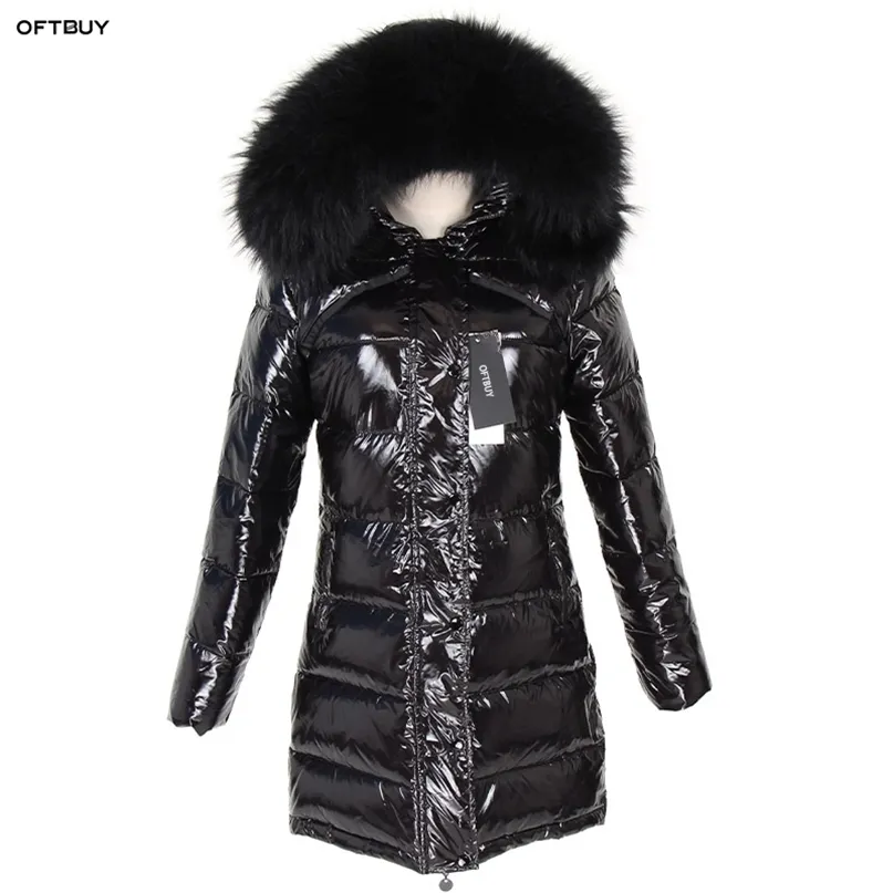 Oftbuy Vinterjacka Kvinnor Real Fur Coat Natural Raccoon Collar Long Parka Duck Down Jacket Vattentät Streetwear Märke 211220