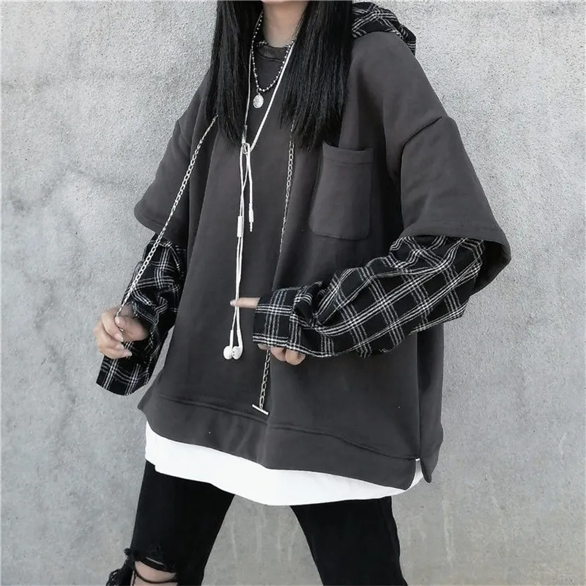 Deeptown Striped Sweatshirt for Women Black Gothic Style Hoodie Patchwork Grunge Long Sleeve Plaid Pullovers Korean Fashion 220215