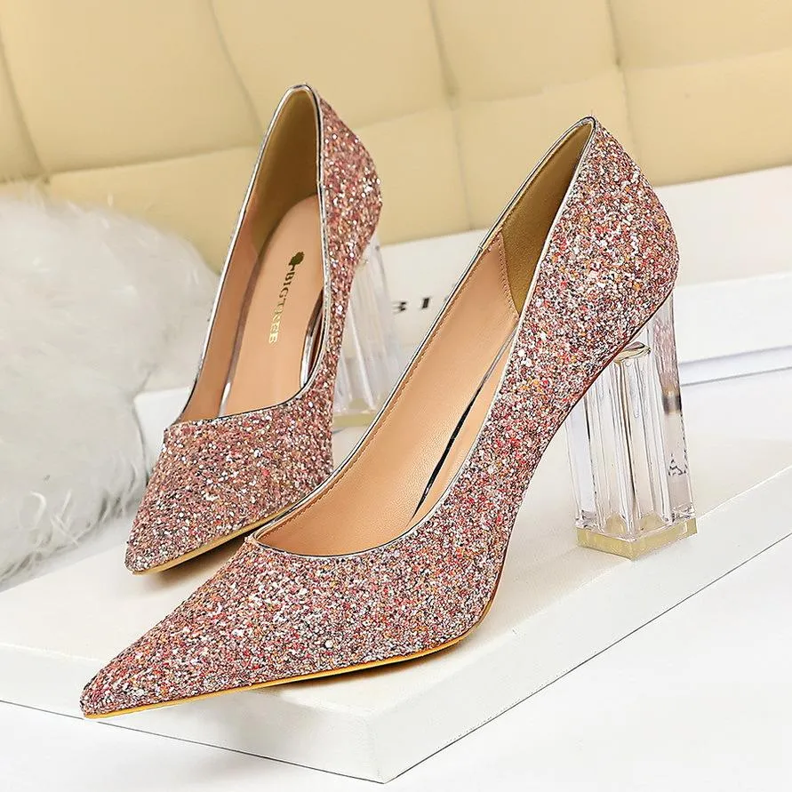 Crystal Chunky Heel 9.5cm Sequins Wedding Shoes Pointed Toe Slip-on Party Women Fashion Pumps 7 Colors Big Size 35-43