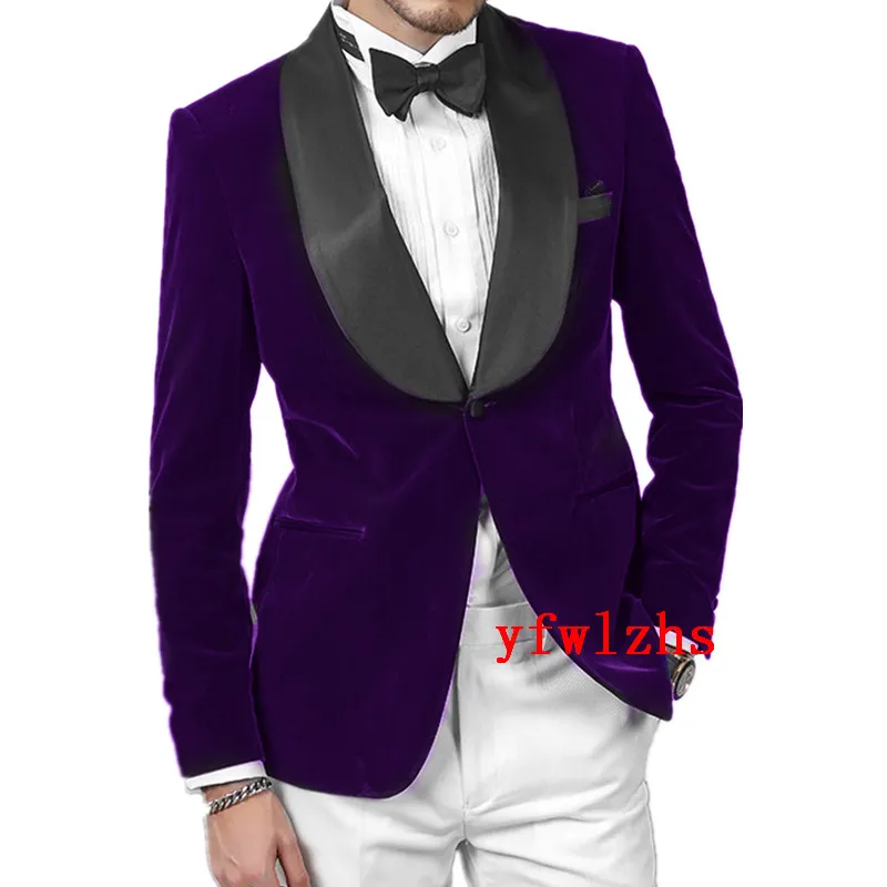 맞춤형 Velveteen Groomsmen Shawl 옷깃 신랑 Tuxedos 남자 정장 결혼식 / 댄스 파티 / 저녁 최고의 남자 블레이저 (자켓 + 바지 + 넥타이) T253