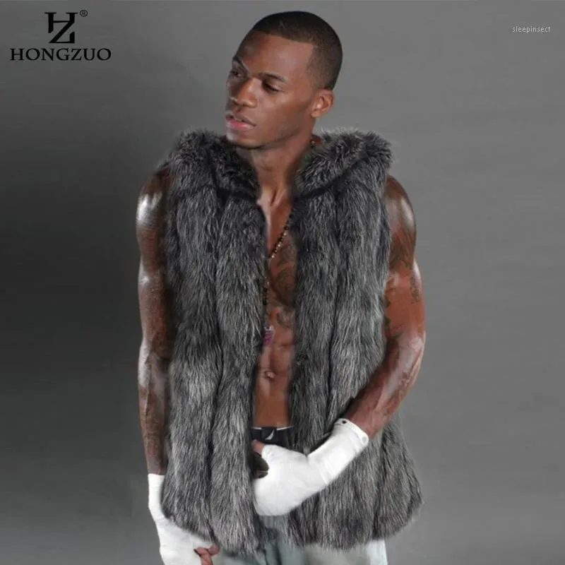 Atacado- Hongzuo Brand New Cinza Faux Fur Colete Homem Moda Inverno Grosso Homens Coletes Sem Mangas Casaco Outerwear Casacos PC2081