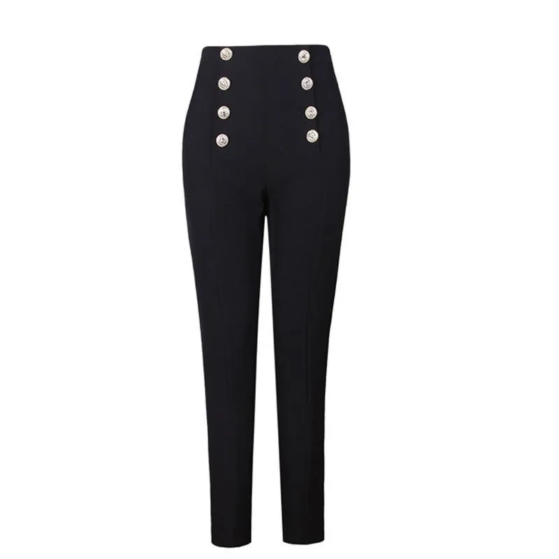 Hot Selling Popular Style Elegant Women Solid Color Black & White Buttons Slim Penci Pants All-match Ankle-Length Capris 201109