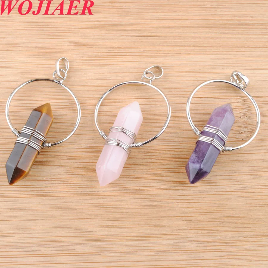 WOJIAER Vintage Natural Stone Pendant Crystal Healing Pointed Hexagon Pillar Circle Wire Wrap Dangle Women BO908