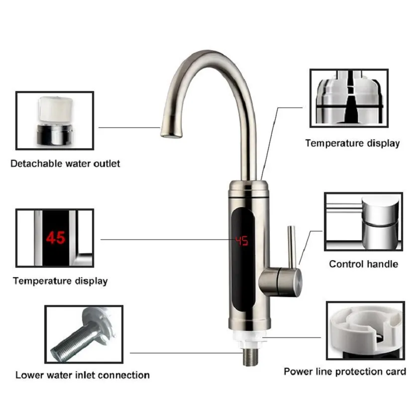 Elektryczny podgrzewacz wody Wyświetlacz Temperatura Kuchnia Bezstronna Instant Hot Water Faucet 3000W CWMPorts Sea Sgipping HHE4134