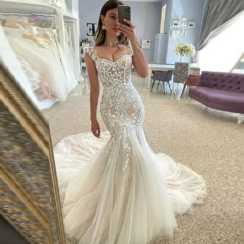 Wide Strap Mermaid Wedding Dress Sweetheart Lace Appliques Bridal Gowns Cap Sleeve Tiere Bottom Marriage Dresses