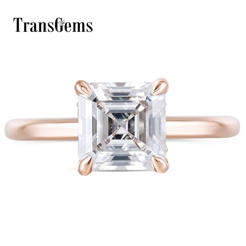 TransGems Mode 14K Roségold 6,5 mm FG Farbe Asscher Cut Moissanit Diamant Verlobungsringe für Frauen Hochzeit mit Akzenten Y200620