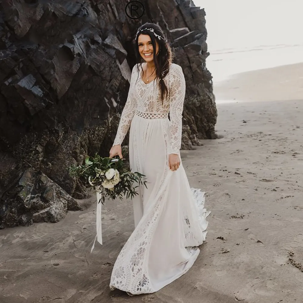 Boho Chic Bridal Gowns: V Neck A Line Lace Chiffon... From Babynice666,  $138.94 | DHgate.Com