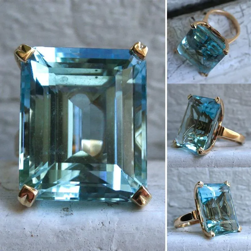 Cluster Rings duży kwadratowy kształt Rhinestone dla kobiet morski niebieski księżniczka kryształowy pierścionek wesela/impreza modna biżuteria