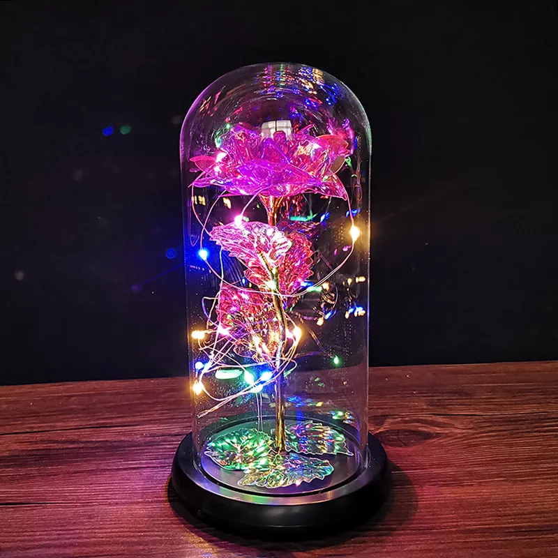 Altın Yaprak Gül Cam Kapak LED Lamba ile Aydınlık Simülasyon Çiçek Noel Sevgililer Günü Hediye El Sanatları Süsler T3I51631